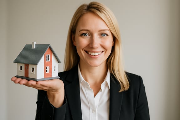 a realtor holding a house model in her hand smiling blonde