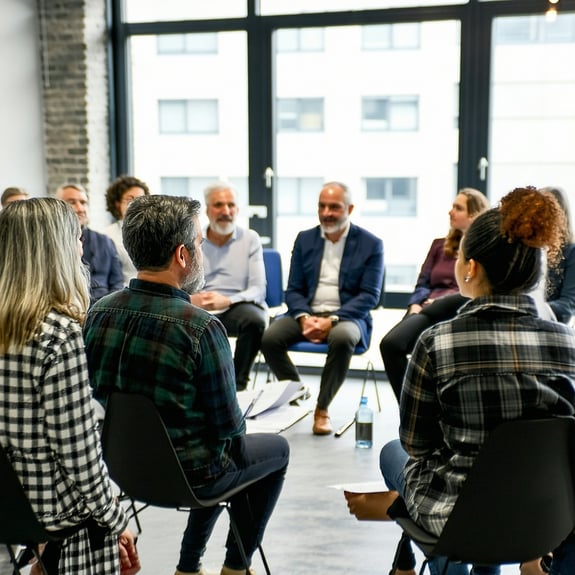 group of professional people in their 50s speaking to a crowd in a meeting room-1