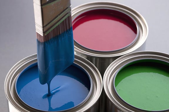 paint cans blue, red, green